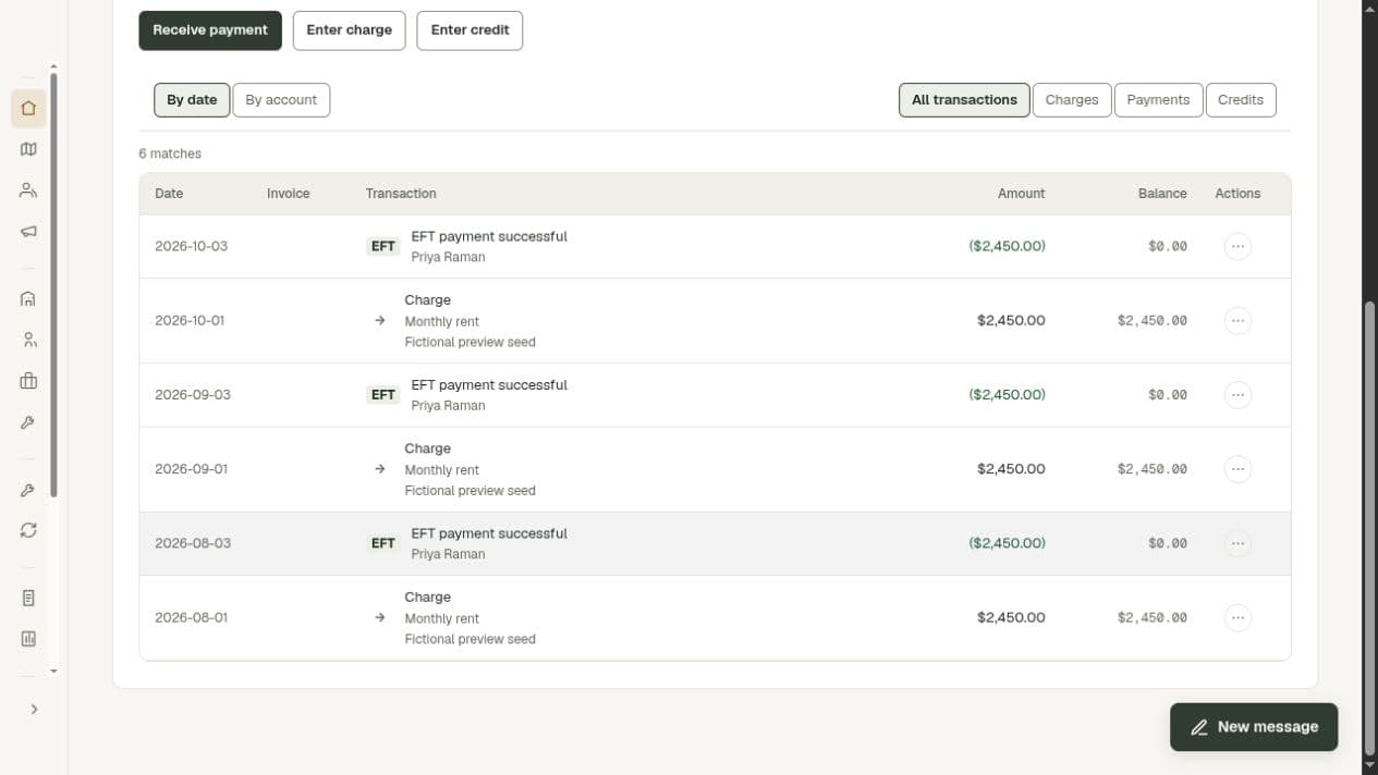 A 0key lease ledger with rent charges, received payments, and a zero balance