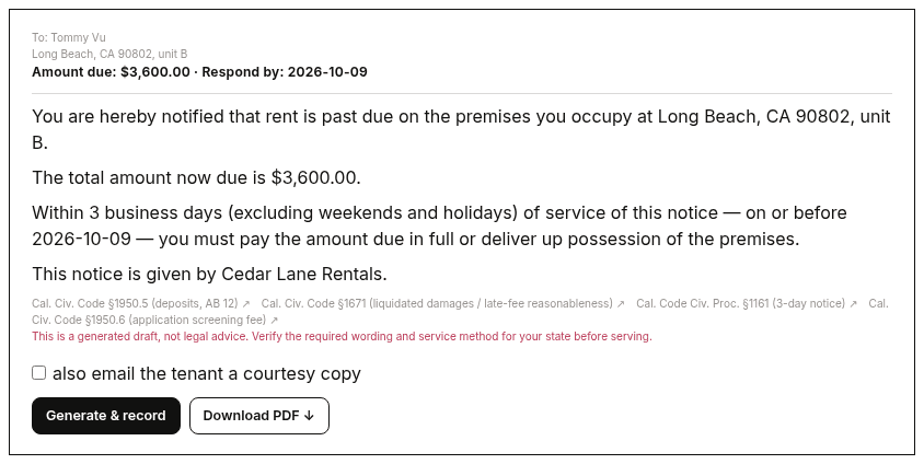 A pay-or-quit notice with the jurisdiction's deadline computed and the statutes cited