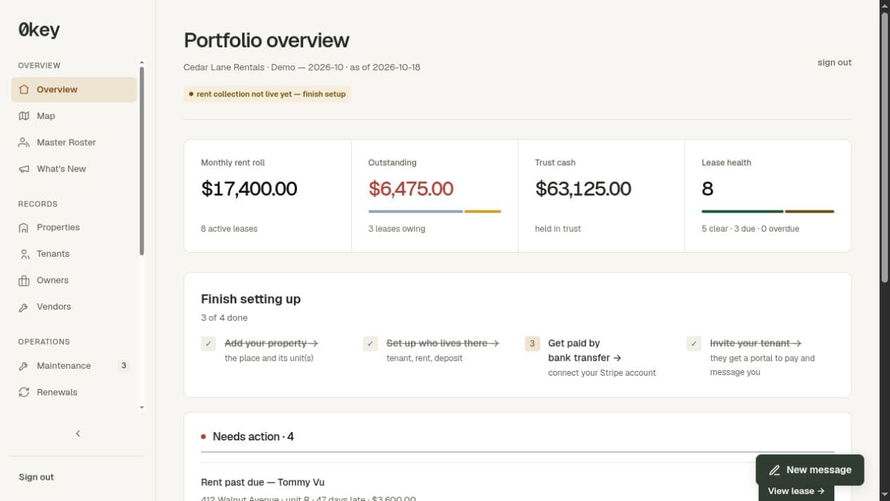 The 0key portfolio overview showing rent, balances, and the next tasks to handle