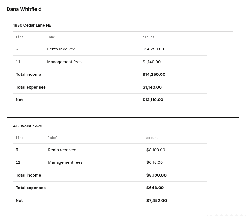 A Schedule E style report grouping rental income and expenses by owner and property